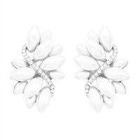 Crystal Marquis Leaf Cluster Statement Clip On Earrings, 1.87" (White Faux Pearl Silver Tone)