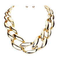 Polished Chunky Links Curb Chain Collar Necklace Earrings Set, 16"-18" with 2" Extender (Gold)