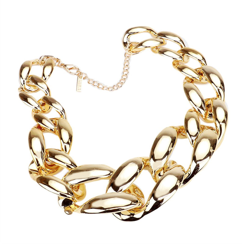 Polished Chunky Links Curb Chain Collar Necklace Earrings Set, 16"-18" with 2" Extender (Gold)