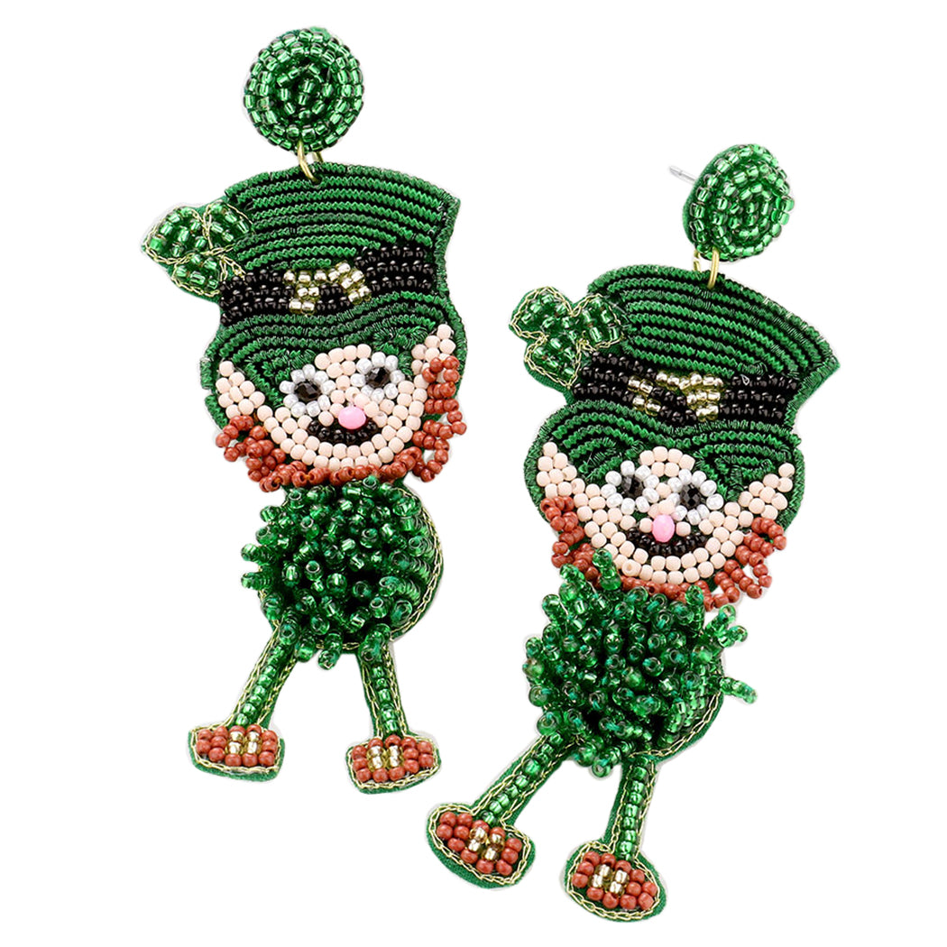 St. Patrick's Day Leprechaun Beaded Earrings, Green Beaded