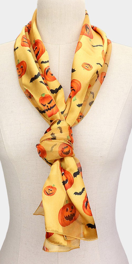 Spooktacular Halloween Fun Print Lightweight Fashion Scarf (Pumpkins And Bats Orange)