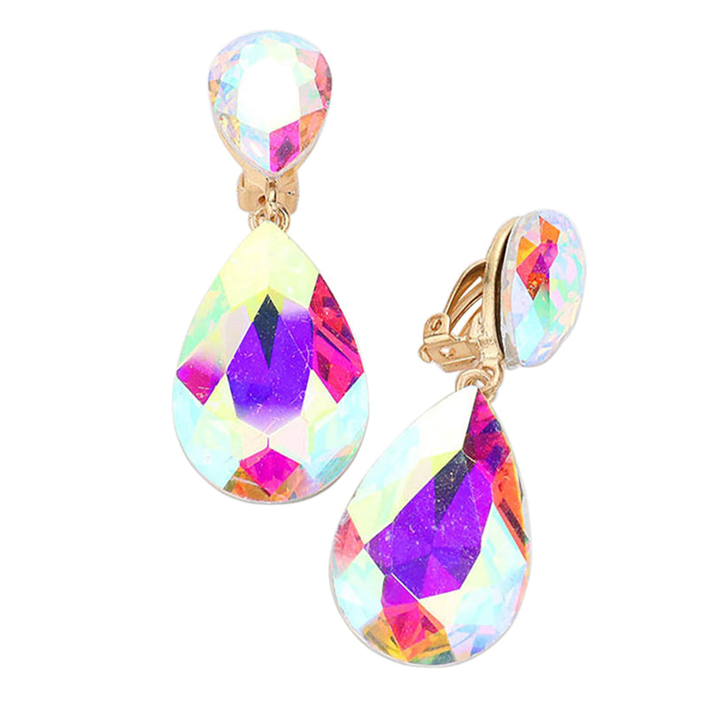 Double Teardrop Statement Glass Crystal Dangle Clip On Bridal Earrings, 2" (AB Crystal Gold Tone)