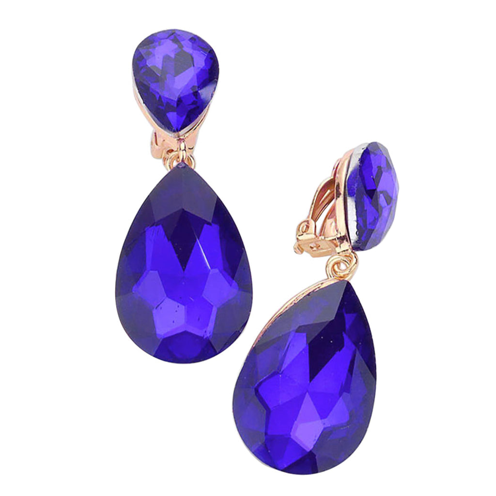 Double Teardrop Statement Glass Crystal Dangle Clip On Bridal Earrings, 2" (Sapphire Blue Crystal Gold Tone)