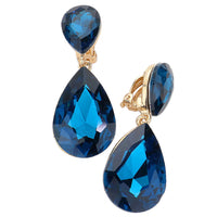 Double Teardrop Statement Glass Crystal Dangle Clip On Bridal Earrings, 2" (Peacock Blue Crystal Gold Tone)