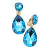 Double Teardrop Statement Glass Crystal Dangle Clip On Bridal Earrings, 2" (Turquoise Blue Crystal Gold Tone)