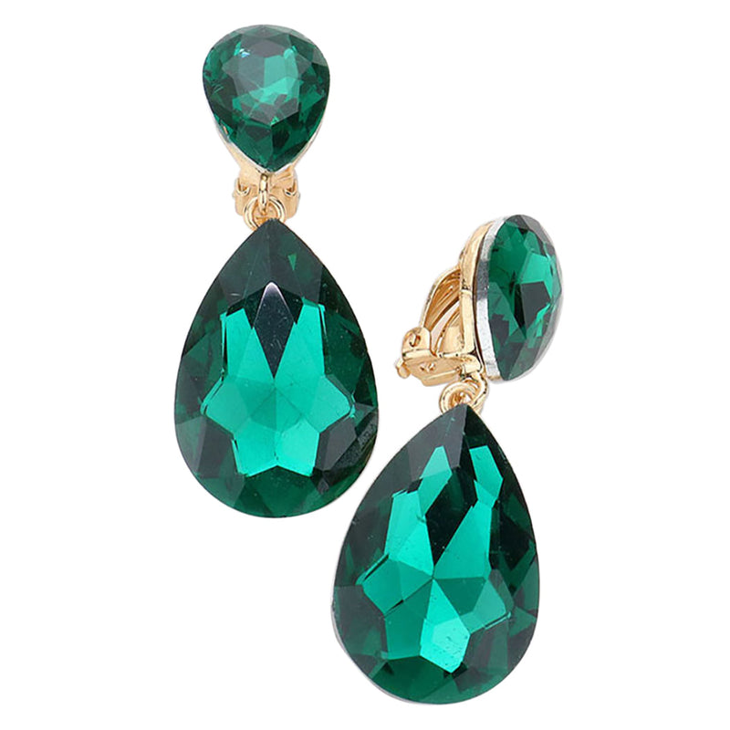 Double Teardrop Statement Glass Crystal Dangle Clip On Bridal Earrings, 2" (Emerald Green Crystal Gold Tone)