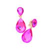 Double Teardrop Statement Glass Crystal Rhinestone Dangle Clip On Bridal Earrings, 2" (AB Fuchsia Pink Crystal Gold Tone)
