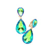 Double Teardrop Statement Glass Crystal Rhinestone Dangle Clip On Bridal Earrings, 2" (AB Green Crystal Gold Tone)