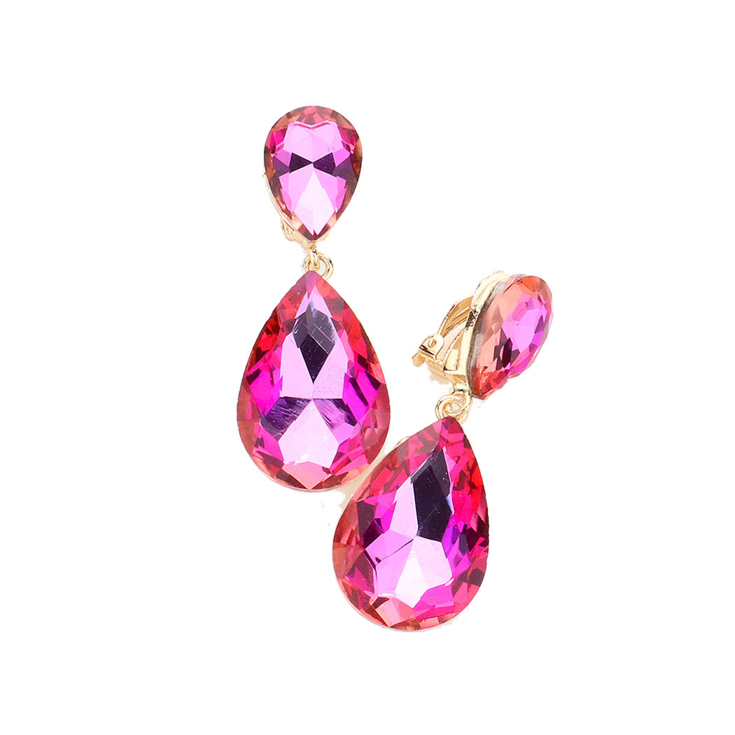 Double Teardrop Statement Glass Crystal Rhinestone Dangle Clip On Bridal Earrings, 2" (AB Pink Crystal Gold Tone)