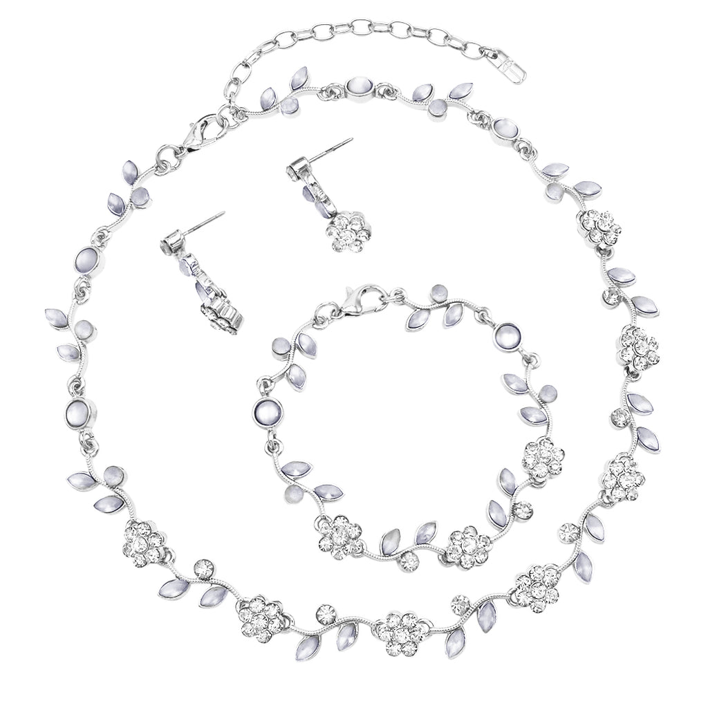 Stunning 3 Piece Metal Vine Crystal Flower Choker Necklace Dangle Earrings Bracelet Bridal Set, 14"-17" with 3" Extender (Silver Tone)