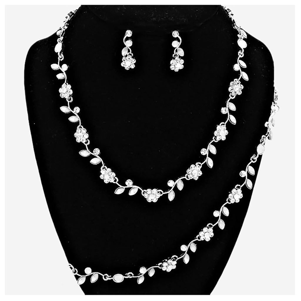 Stunning 3 Piece Metal Vine Crystal Flower Choker Necklace Dangle Earrings Bracelet Bridal Set, 14"-17" with 3" Extender (Silver Tone)