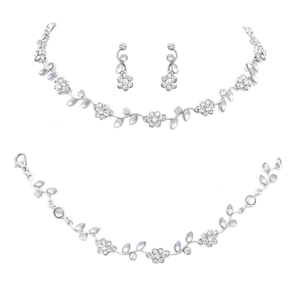 Stunning 3 Piece Metal Vine Crystal Flower Choker Necklace Dangle Earrings Bracelet Bridal Set, 14"-17" with 3" Extender (Silver Tone)