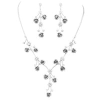 Elegant Crystal Rhinestone and Metal Relief Rose Statement Necklace Earrings Jewelry Set, 14.5" - 18.5" with 4" Extender (Light Grey)