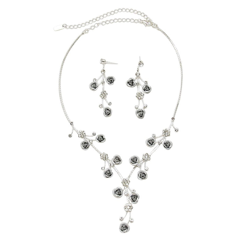 Elegant Crystal Rhinestone and Metal Relief Rose Statement Necklace Earrings Jewelry Set, 14.5" - 18.5" with 4" Extender (Light Grey)