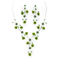 Elegant Crystal Rhinestone And Metal Relief Rose Statement Necklace Earrings Set 14.5"+4" Extender (Light Green)