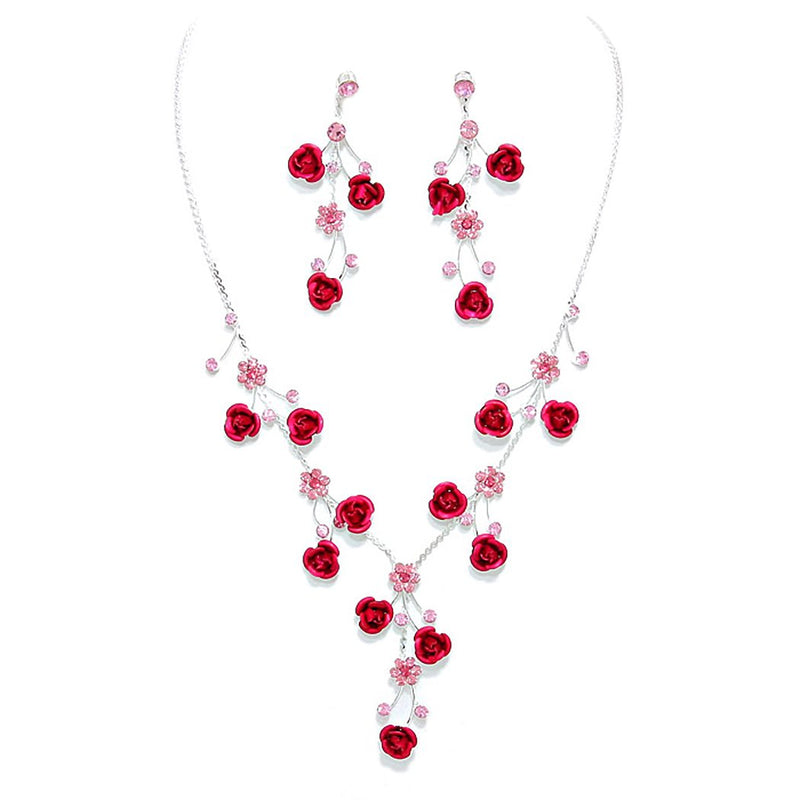 Elegant Crystal Rhinestone And Metal Relief Rose Statement Necklace Earrings Set 14.5"+4" Extender (Fuchsia Pink)