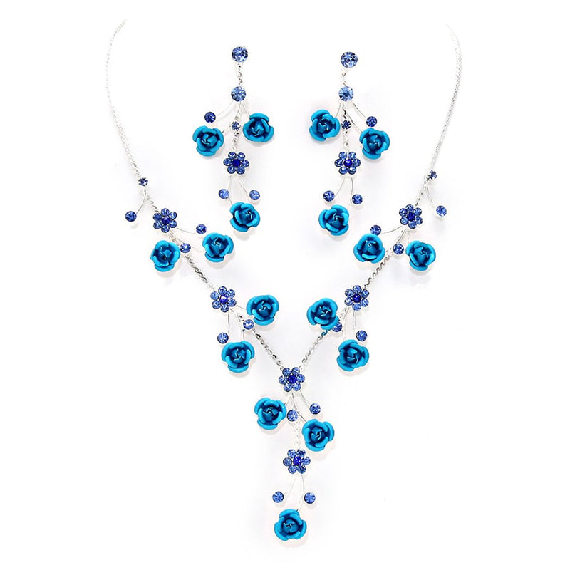 Elegant Crystal Rhinestone And Metal Relief Rose Statement Necklace Earrings Set, 14.5"+4" Extender (Electric Blue)