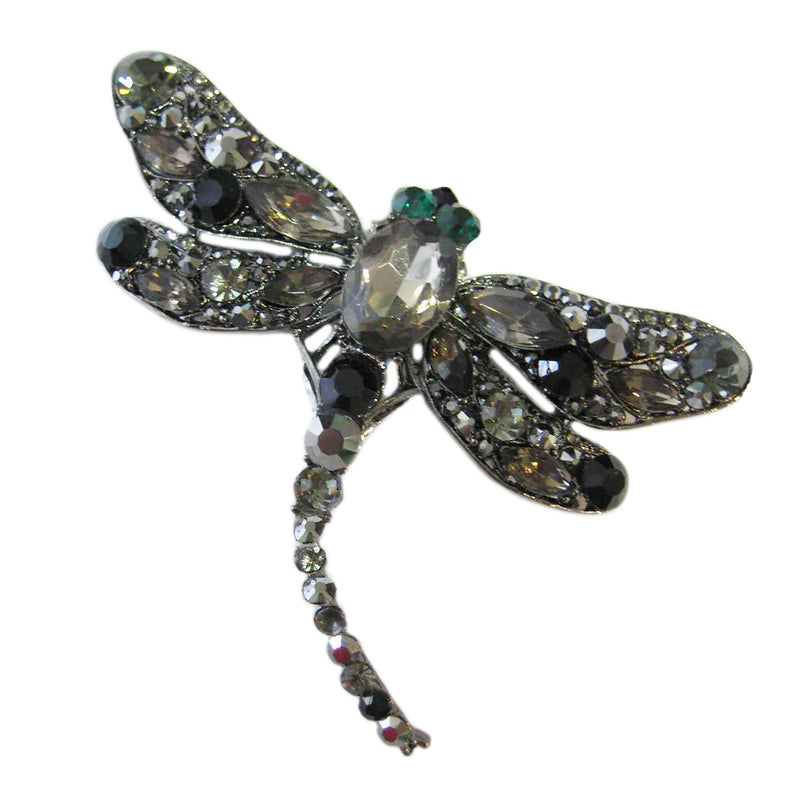 Enchanted Sparkling Glass Crystal Dragonfly Brooch Pendant, 3.25" (Black Diamond Crystal Hematite Tone)