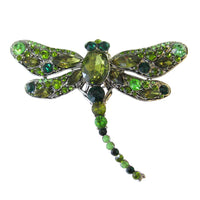 Enchanted Sparkling Glass Crystal Dragonfly Brooch Pendant, 3.25" (Green Crystal Hematite Tone Frame)