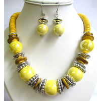 Colorful Yellow Boho Bauble Glass And Wood Bead Bib Necklace Drop Earrings Set, 20"+3" Extender