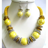 Colorful Yellow Boho Bauble Glass And Wood Bead Bib Necklace Drop Earrings Set, 20
