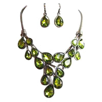 Stunning Teardrop Crystal Holiday Statement Bib Necklace Earrings Set, 13"+3" Extender (Olivine Green)