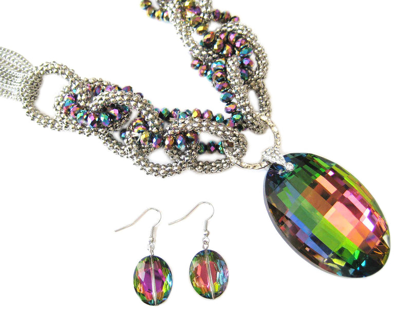 Mesmerizing Rainbow Vitrail Crystal Statement Necklace Earrings Jewelry Set, 18"+3" Extender