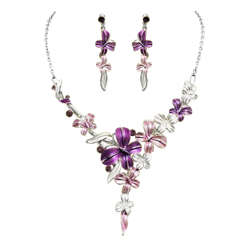 Stunning Crystal Accented Enamel Textured Metal Butterfly Necklace Earrings Set, 14"-17" with 3" Extender (Purple)