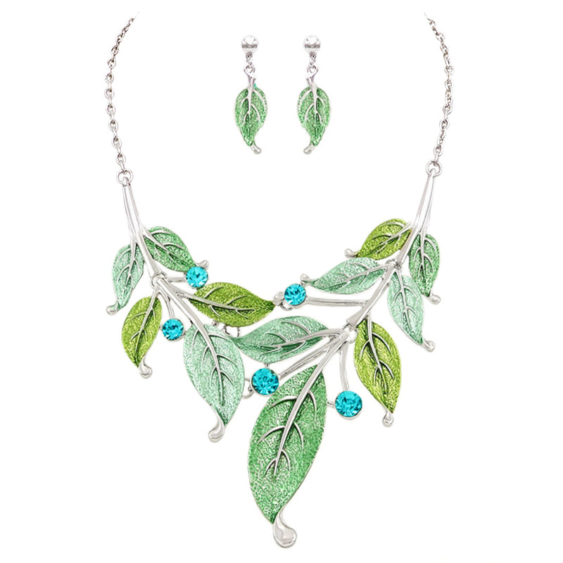 UnbeLeafable Vine and Leaves Crystal Statement Necklace Earrings Set, 14"+3 Extender (Greens And Aqua Leaves Silver Tone)
