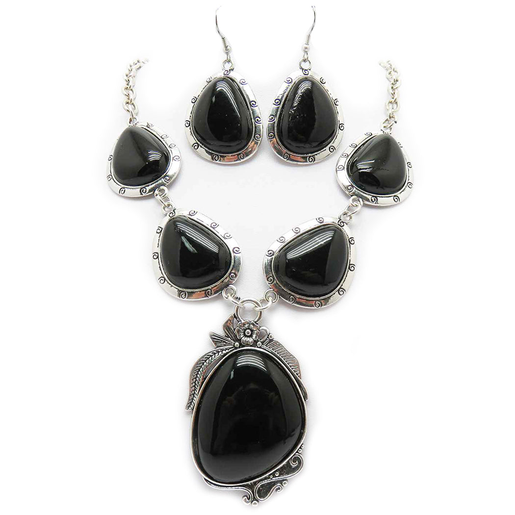 ★ROSEMONT★ Silver Black Onyx Earrings Necklace Set La Vie Unique Burnished Silver Tone Western Style Black Howlite