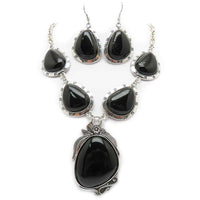 Unique Burnished Silver Tone Western Style Black Howlite Stone Necklace Earrings Set, 18"+3" Extension