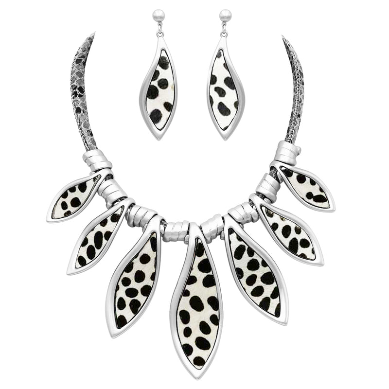 Unique Statement Faux Wild Animal Print Bib Necklace and Earring Set, 15"+3" Extender (White With Black Spots Matte Silver Tone)