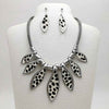 Unique Statement Faux Wild Animal Print Bib Necklace and Earring Set, 15"+3" Extender (White With Black Spots Matte Silver Tone)
