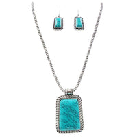 Western Style Silver Tone Medallion With Natural Turquoise Howlite Statement Pendant Necklace Earrings Set, 26"+3" Extension
