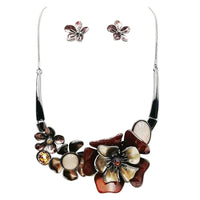 Stunning Enamel and Lucite 3D Flower Collar Necklace and Earrings Jewelry Gift Set, 14"+3.5" Extension (Rustic Browns Hematite Tone)
