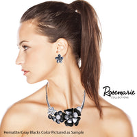 Stunning Enamel and Lucite 3D Flower Collar Necklace and Earrings Jewelry Gift Set, 14"+3.5" Extension (Rustic Browns Hematite Tone)