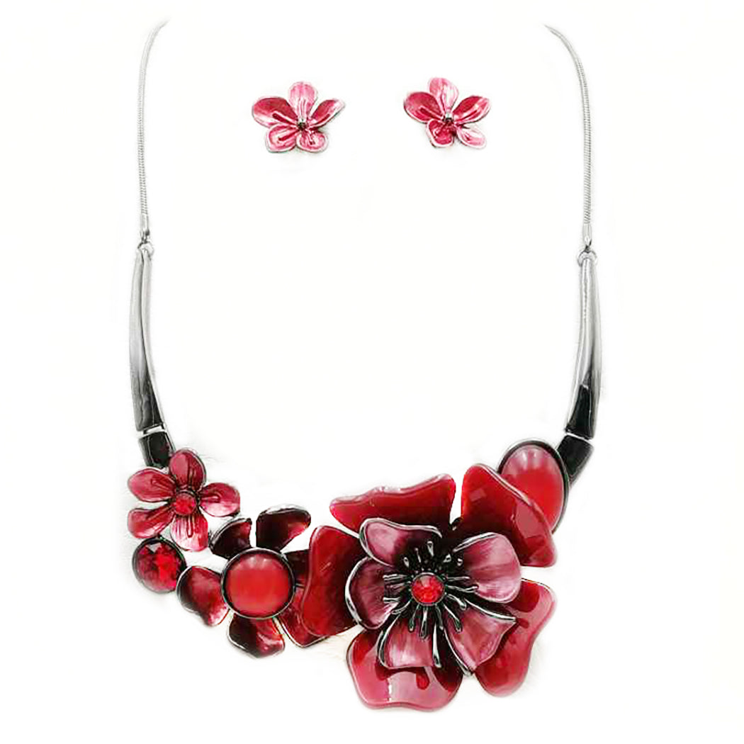 Stunning Enamel and Lucite 3D Flower Collar Necklace and Earrings 