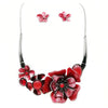 Stunning Enamel and Lucite 3D Flower Collar Necklace and Earrings Jewelry Gift Set, 14"+3.5" Extension (Red Hematite Tone)