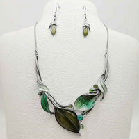 Unbe"leaf"able Statement Enamel Crystal Resin 3D Leaf Necklace Earrings Set, 14"+3" Extender (Green Leaves Hematite Tone)