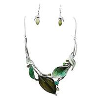 Unbe"leaf"able Statement Enamel Crystal Resin 3D Leaf Necklace Earrings Set, 14"+3" Extender (Green Leaves Hematite Tone)