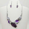 Unbe"leaf"able Statement Enamel Crystal Resin 3D Leaf Necklace Earrings Set, 14"+3" Extender (Purple Leaves Hematite Tone)