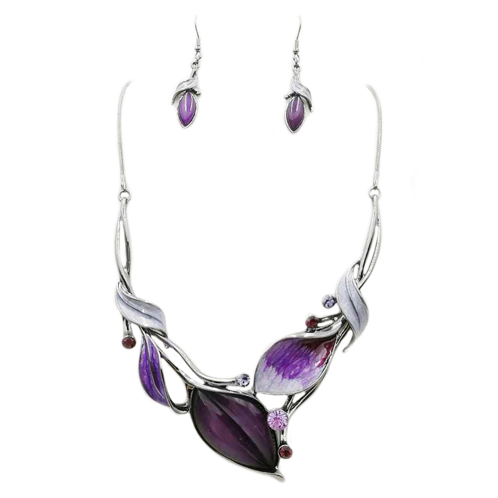 Unbe"leaf"able Statement Enamel Crystal Resin 3D Leaf Necklace Earrings Set, 14"+3" Extender (Purple Leaves Hematite Tone)