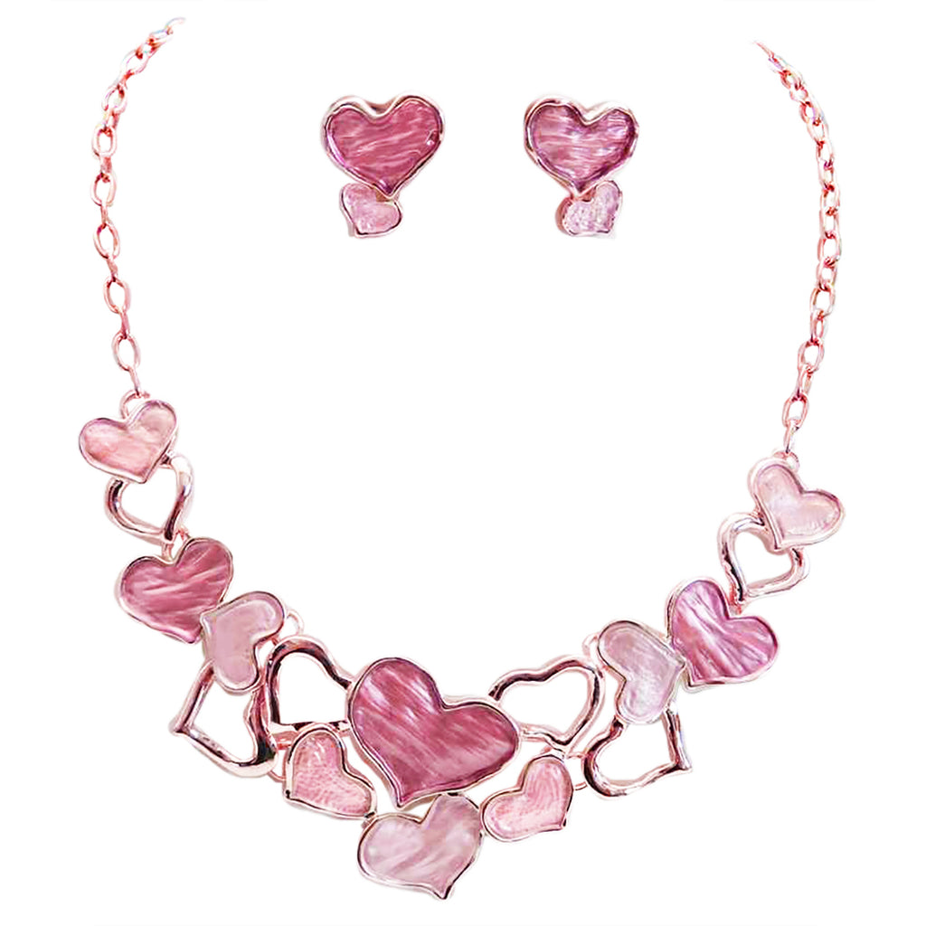 Women's Stunning Queen Of Hearts Pink Enamel Textured Metal Statement Necklace Earrings Set, 14"+2" Extender