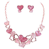 Women's Stunning Queen Of Hearts Pink Enamel Textured Metal Statement Necklace Earrings Set, 14
