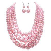 5 Colorful Multi Strands Simulated Pearl Bib Necklace And Earrings Jewelry Set, 16"+3" Extender (Cotton Candy Pink)