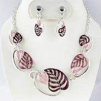 Unbe"leaf"able Statement Enamel 3D Leaf Necklace Earrings Set, 16"+2" Extender (Pink And Purple Leaves Silver Tone)