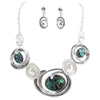 Statement Geometric Swirl Abalone Shell And Crystals Contemporary Bib Necklace Earrings Set, 14"+3" Extender