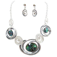 Statement Geometric Swirl Abalone Shell And Crystals Contemporary Bib Necklace Earrings Set, 14"+3" Extender