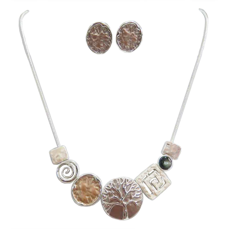 Beautiful Textured Enamel Coated Metal Charms Snake Chain Necklace Earrings Set, 16"+3" Extender (Tree Of Life, Silver Tone)