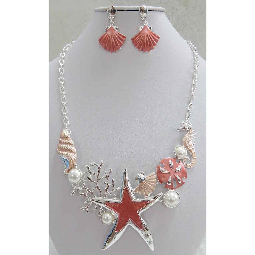 Stunning Enamel Sea Creatures And Simulated Pearl Collar Necklace Earrings Set, 12"+3" Extender (Coral Pink Starfish Silver Tone)